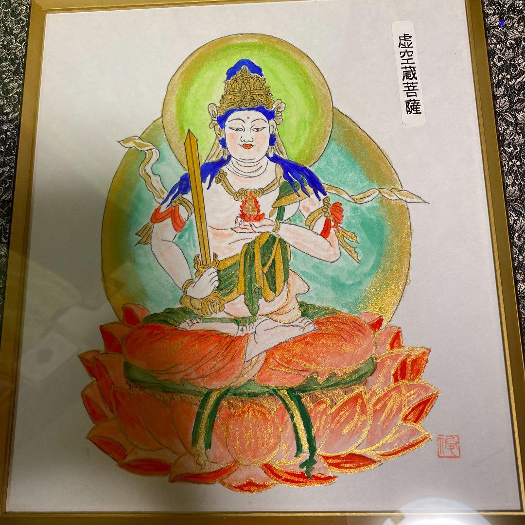 アンティーク　仏教　水彩画　38x42 木製