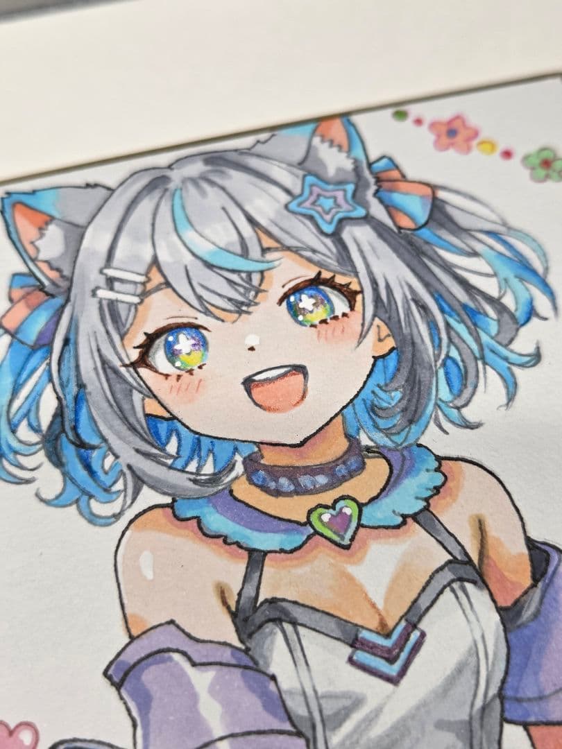 h*☆様 オリジナル手描きイラスト「きらめき猫耳アイドル」　コピック　小色紙　原