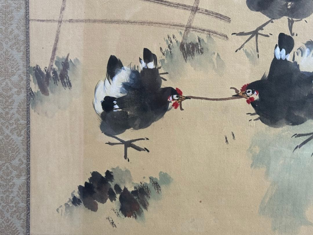 林天時筆　秋趣圖　紙本肉筆　着色水墨画　額装　送料込み260317