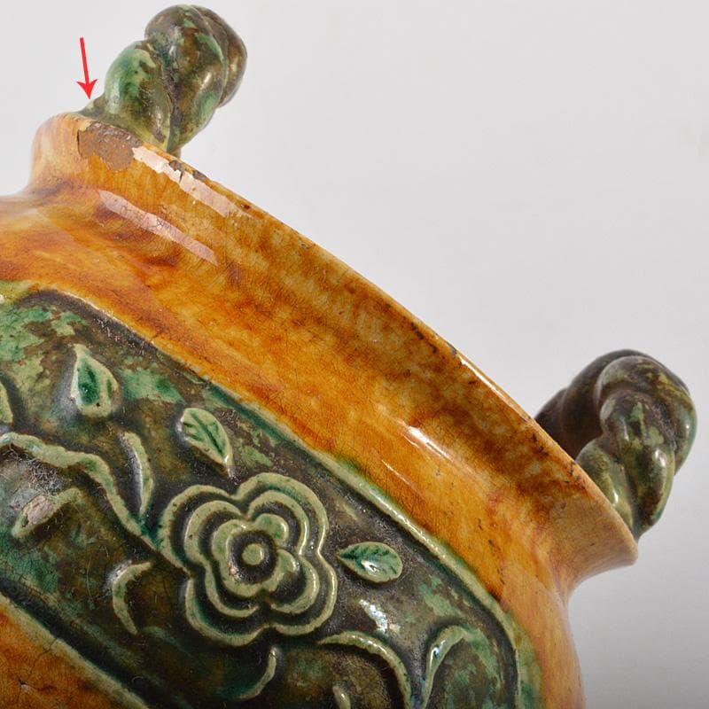 中国　三彩　花文　沖耳爐　三足香炉　時代箱　V　R7159