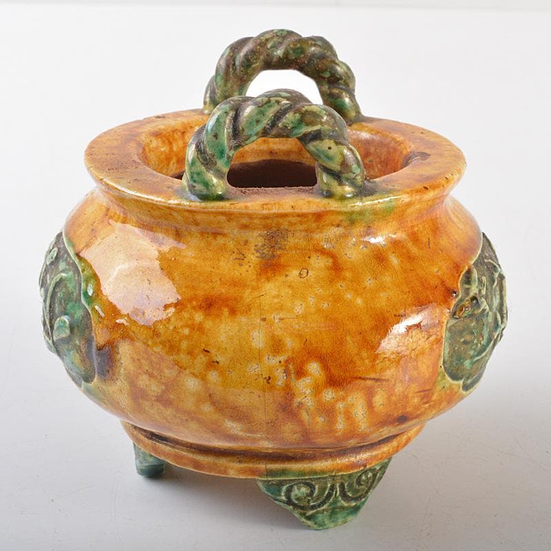 中国　三彩　花文　沖耳爐　三足香炉　時代箱　V　R7159