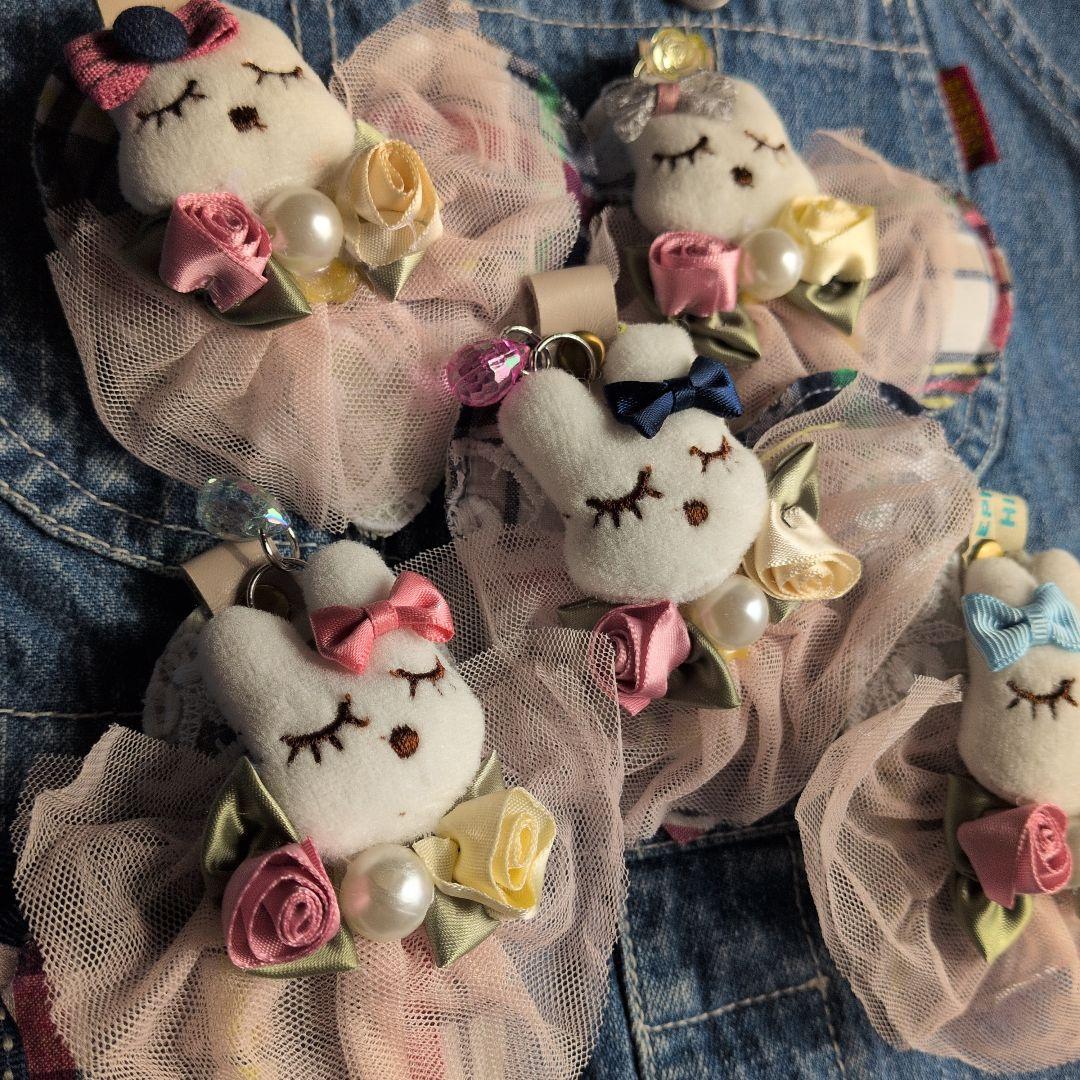 f.デニム ハート♡ チャーム うさちゃん　薔薇 チュールレース【5個セット】