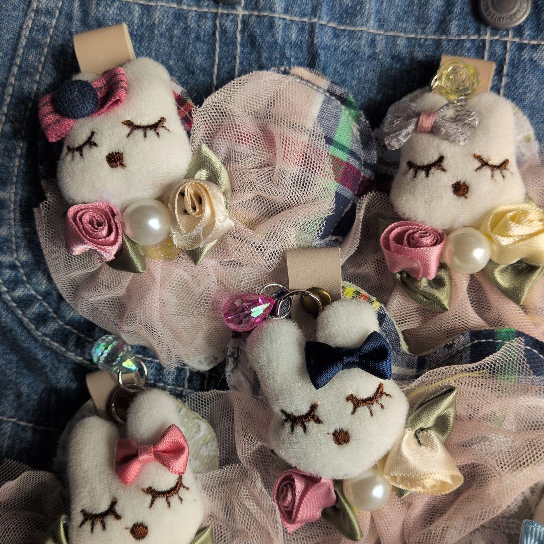 f.デニム ハート♡ チャーム うさちゃん　薔薇 チュールレース【5個セット】