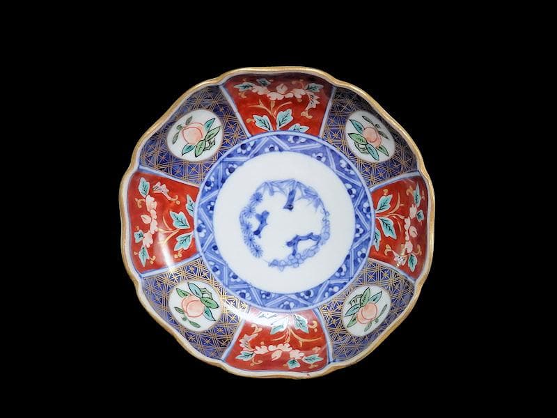 古伊万里　色絵　桃に花の図　膾皿　５客　N1556AS-CAw