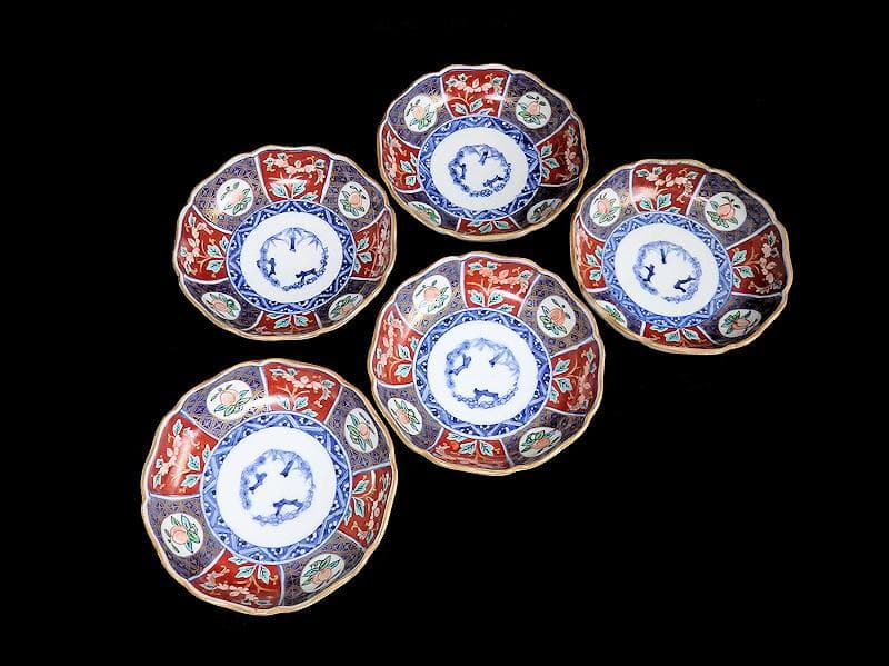 古伊万里　色絵　桃に花の図　膾皿　５客　N1556AS-CAw