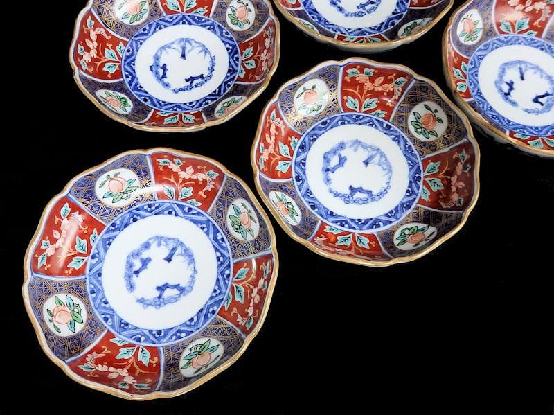 古伊万里　色絵　桃に花の図　膾皿　５客　N1556AS-CAw