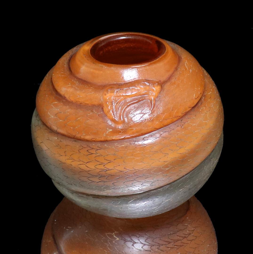 美術館級!!ドーム・ナンシー とぐろを巻いた蛇球体型壺 橙色花瓶 スネーク 丸型