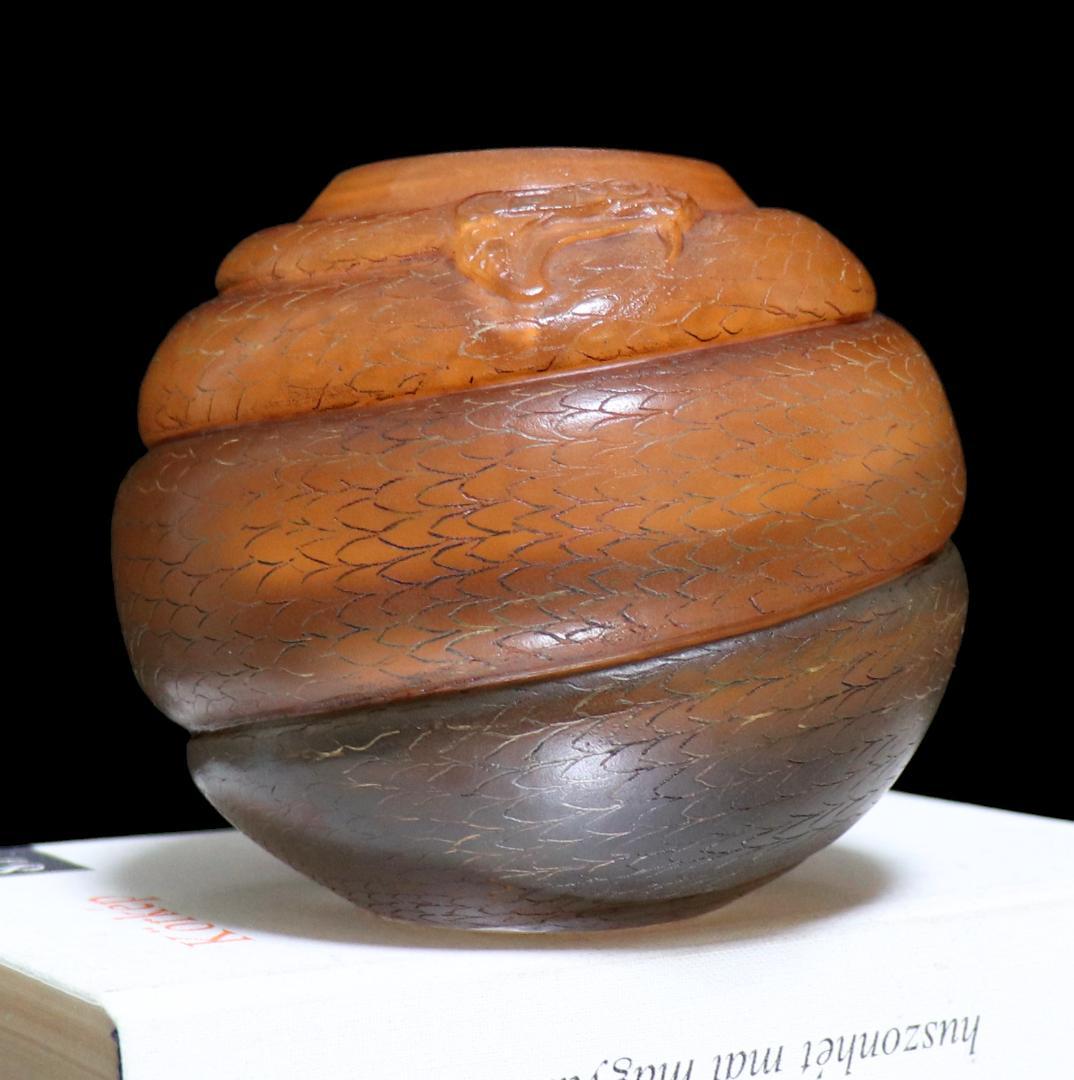 美術館級!!ドーム・ナンシー とぐろを巻いた蛇球体型壺 橙色花瓶 スネーク 丸型