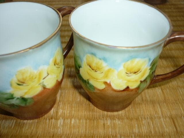 1900年頃ドイツ製◆初期 ババリア 黄色い薔薇 手書き カップ＆ソーサー6客組