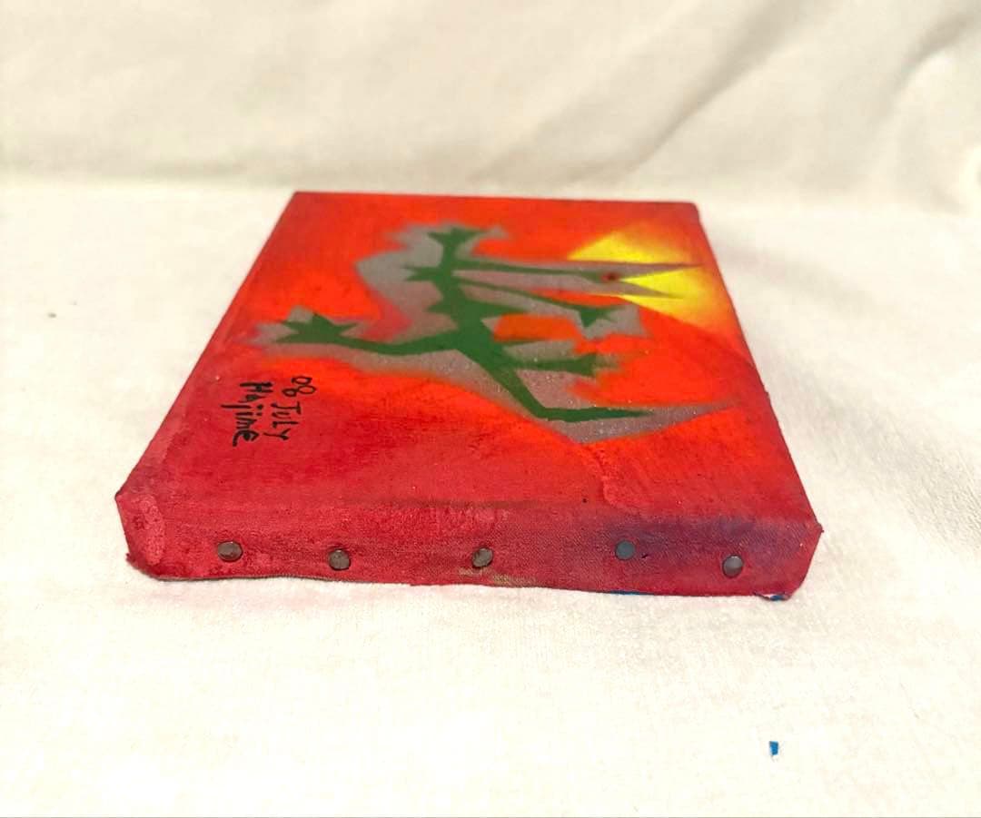 そのまま飾れる　抽象画　F0号　アクリル画　トカゲモチーフ　現代アート　オレンジ