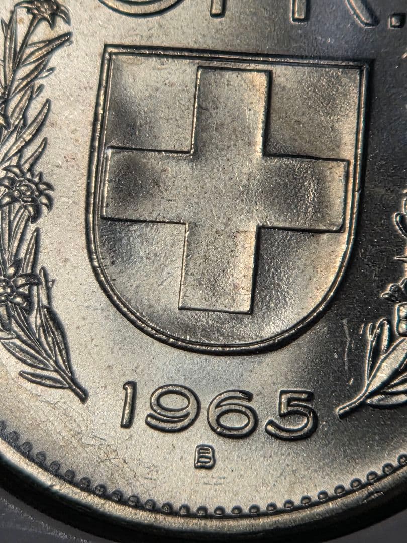 (稀少 完全未使用)スイス連邦　農夫像　5フラン銀貨　1965 B