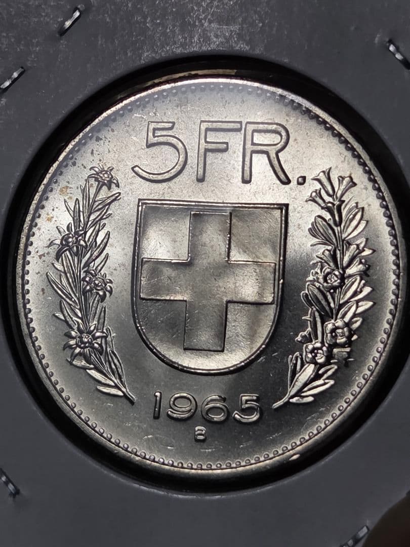 (稀少 完全未使用)スイス連邦　農夫像　5フラン銀貨　1965 B