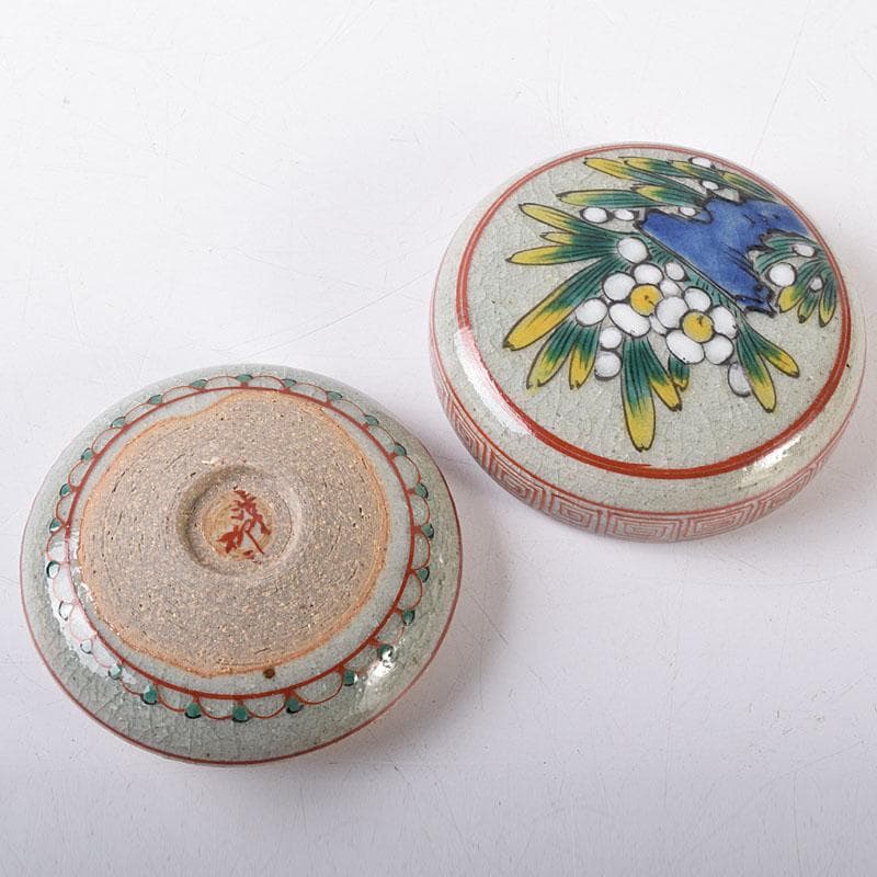 渋草焼　竹洞舎　渋草陶窯　渋草柳三作　色絵花文　香合　共布共箱　V　7323