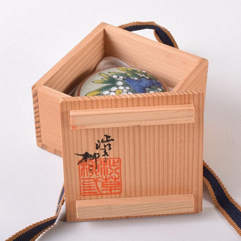 渋草焼　竹洞舎　渋草陶窯　渋草柳三作　色絵花文　香合　共布共箱　V　7323
