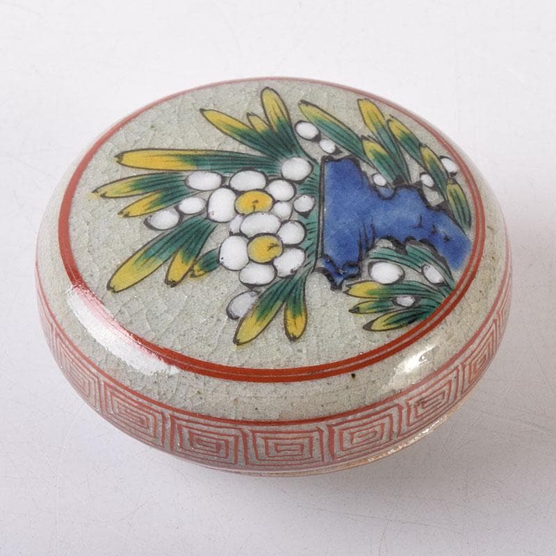 渋草焼　竹洞舎　渋草陶窯　渋草柳三作　色絵花文　香合　共布共箱　V　7323