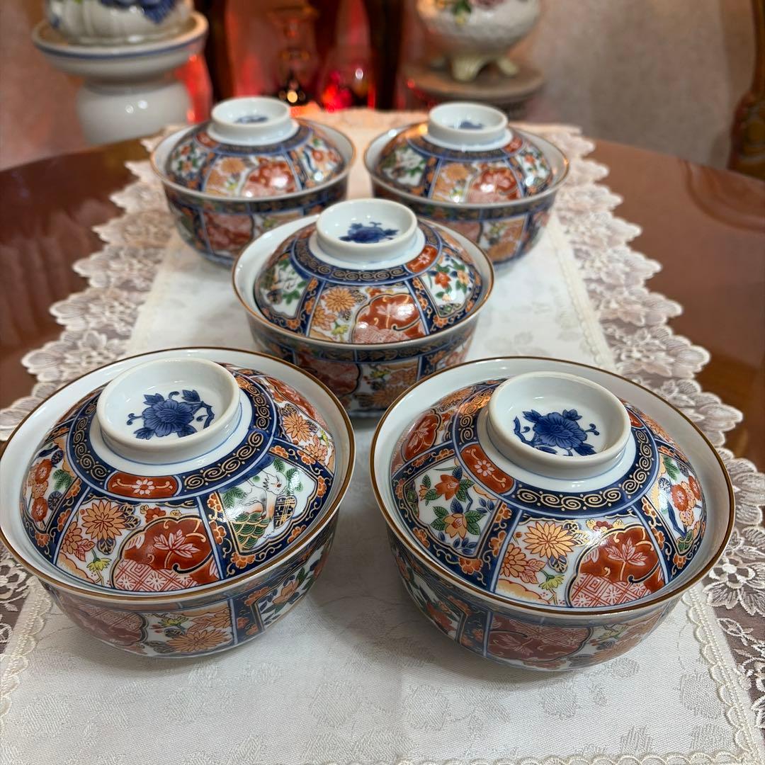 有田焼　林斎　金彩　古伊万里　蓋付小どんぶり　雑煮碗　5客セット　未使用