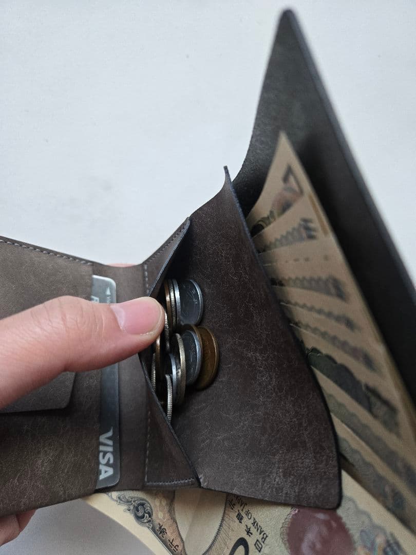 お札を折らない三つ折り財布【グレー×グリーン】ミニ財布　イタリアンレザー