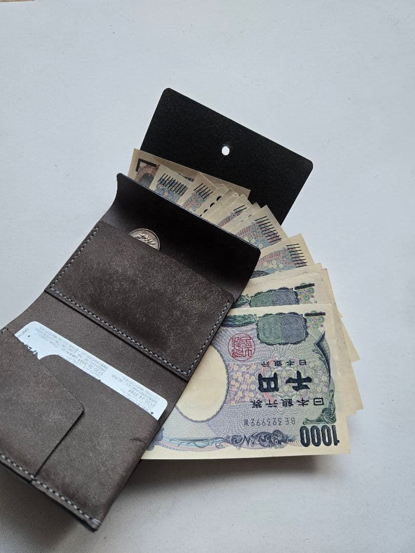 お札を折らない三つ折り財布【グレー×グリーン】ミニ財布　イタリアンレザー
