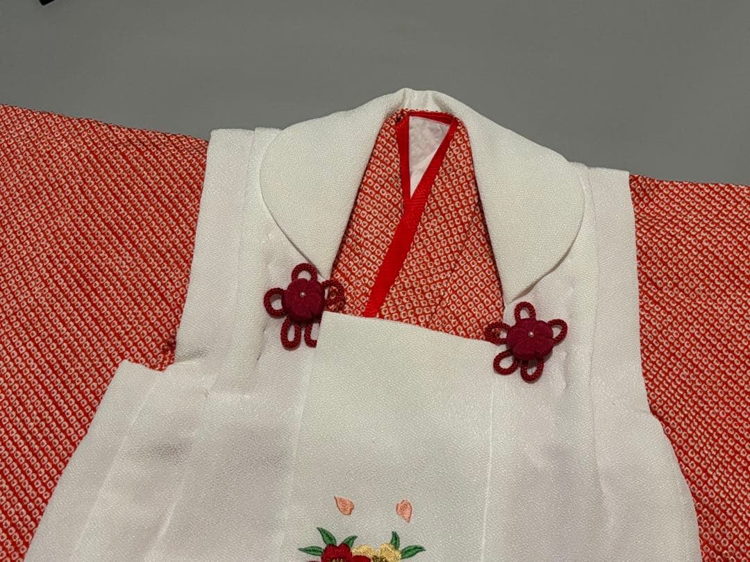 七五三　正絹　3歳　絞り　総絞り　被布　刺繍　一つ身　フルセット　朱色　オレンジ