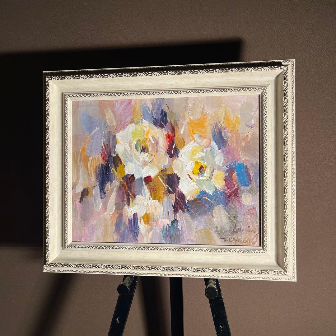 手書き油絵 ホワイトフラワー 額付 肉筆絵画 インテリア 油彩画