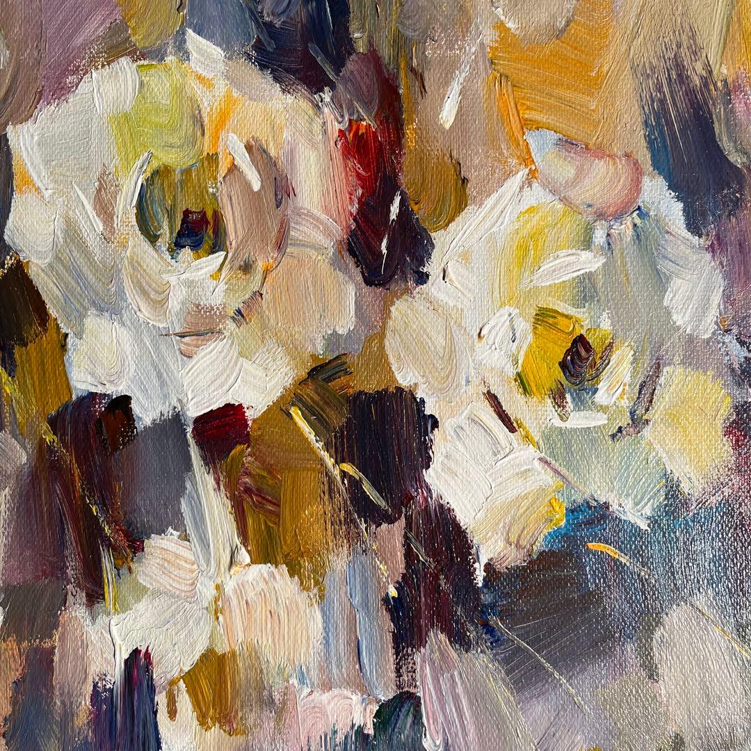 手書き油絵 ホワイトフラワー 額付 肉筆絵画 インテリア 油彩画