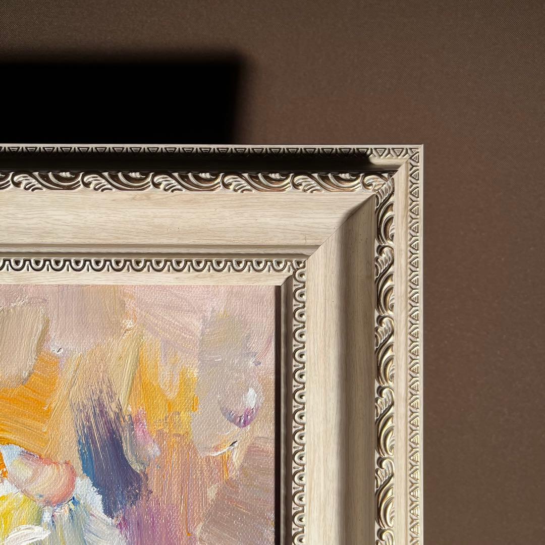 手書き油絵 ホワイトフラワー 額付 肉筆絵画 インテリア 油彩画