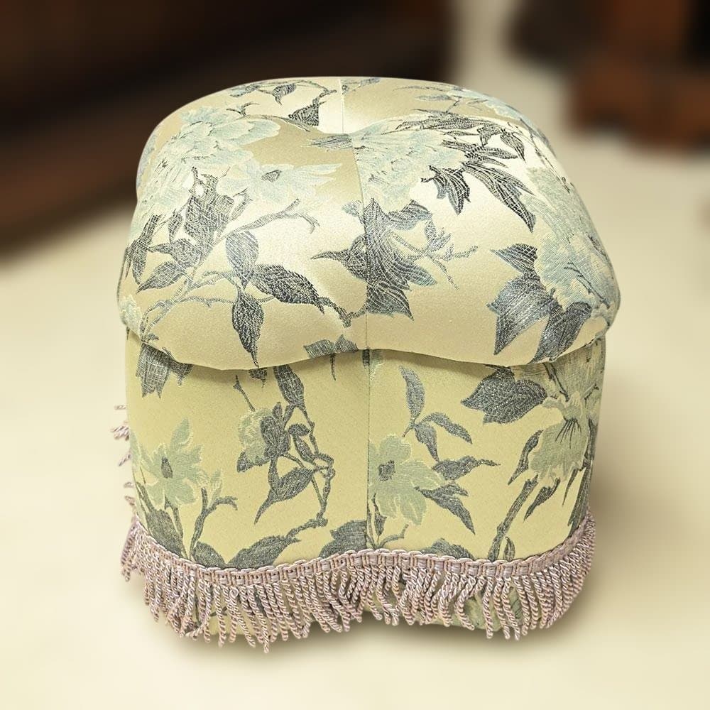 お値下げ！　新品　布製　ロココ調　花柄スツール フリンジ付　シルバー　ブルー