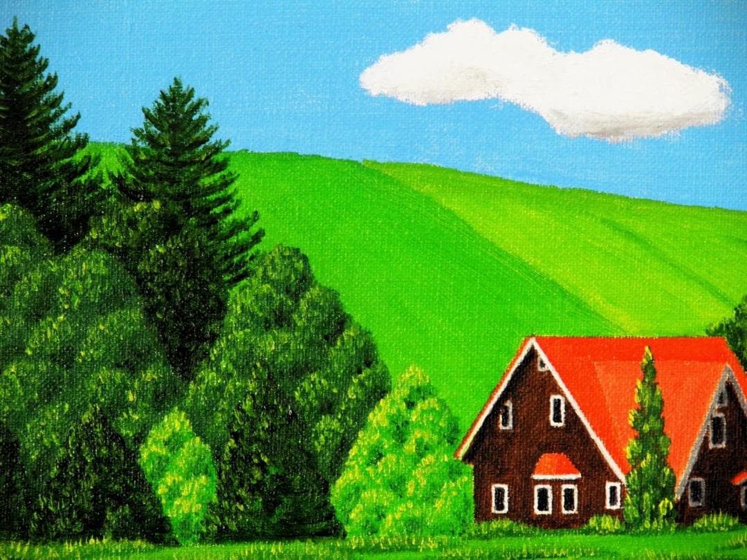 ★ラベンダー畑と赤い屋根の家・肉筆油彩画・F6キャンバス