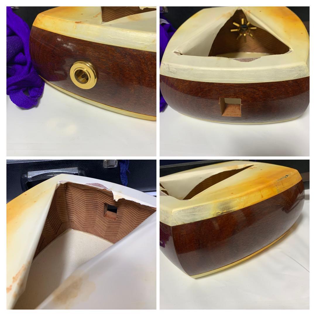 津軽三味線　子持ち綾杉胴　三つ折　紅木　太棹　ジャンク　現状品