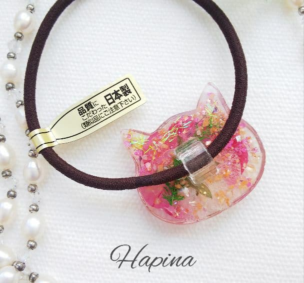 春ピンク猫ちゃんレジンヘアゴム ポニーフック変更可能。