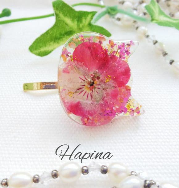 春ピンク猫ちゃんレジンヘアゴム ポニーフック変更可能。