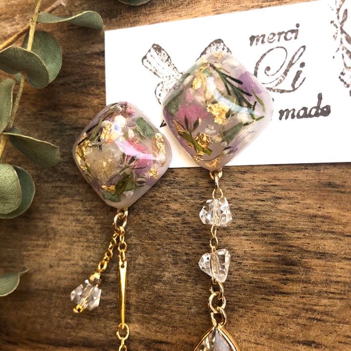 N.97 スクエア♡ カボション クリア ガラス アシンメトリー イヤリング