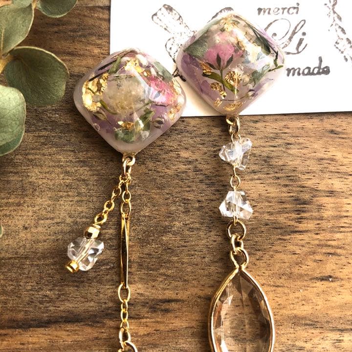 N.97 スクエア♡ カボション クリア ガラス アシンメトリー イヤリング