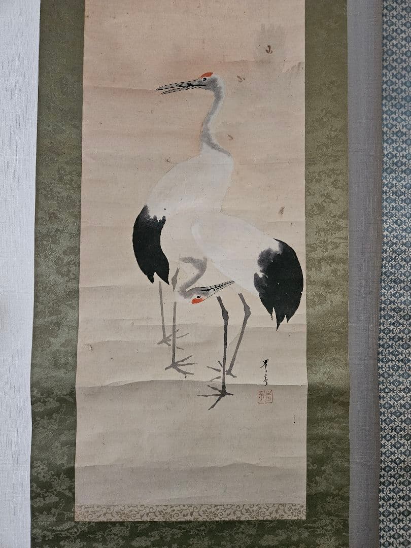 ​ 渡辺省亭 ［松側双鶴之図］ 真作　紙本 桐箱 花鳥画巨匠 掛軸