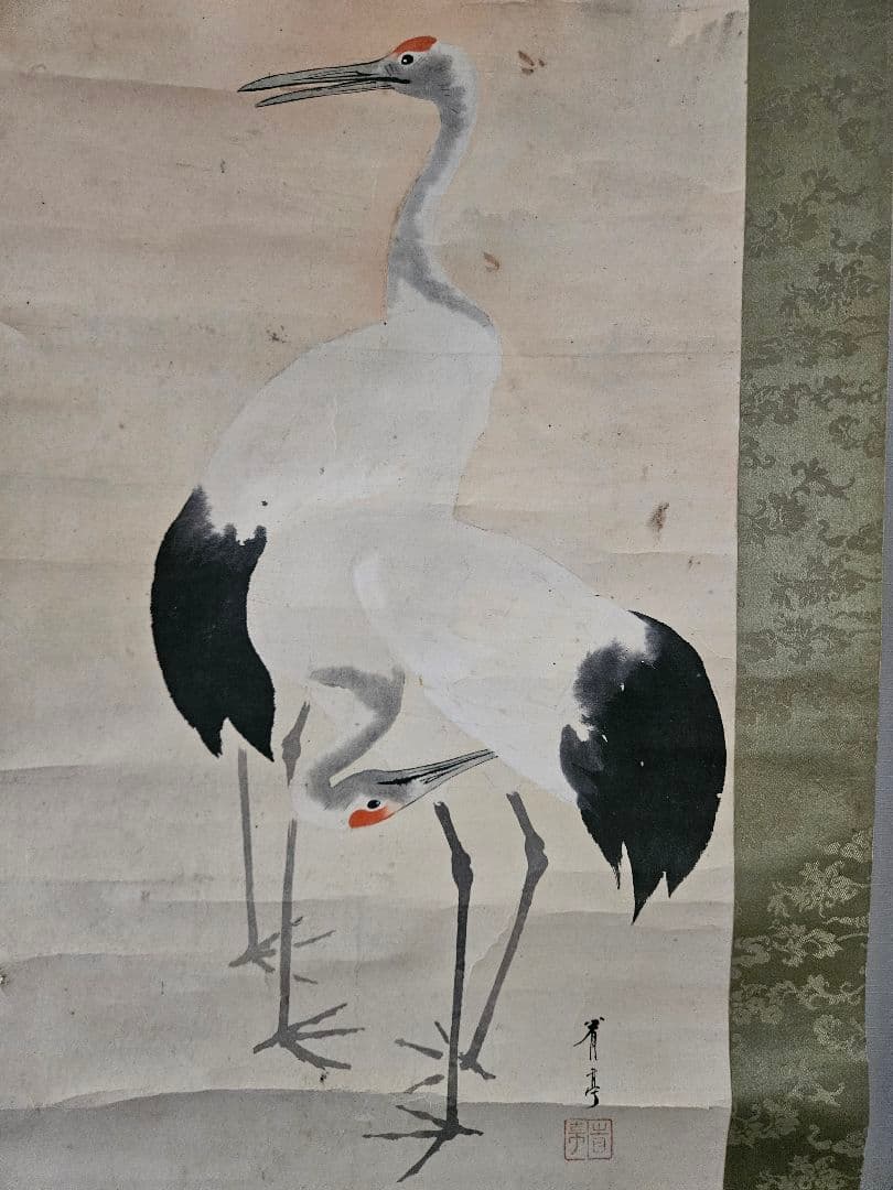 ​ 渡辺省亭 ［松側双鶴之図］ 真作　紙本 桐箱 花鳥画巨匠 掛軸