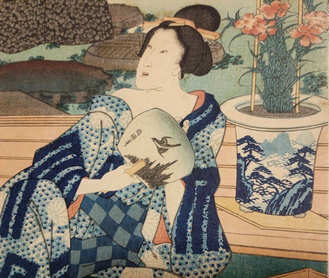 浮世絵版画、十二月の内水無月土用干三枚綴り真ん中1枚売り三代豊国画 有名スイカ絵