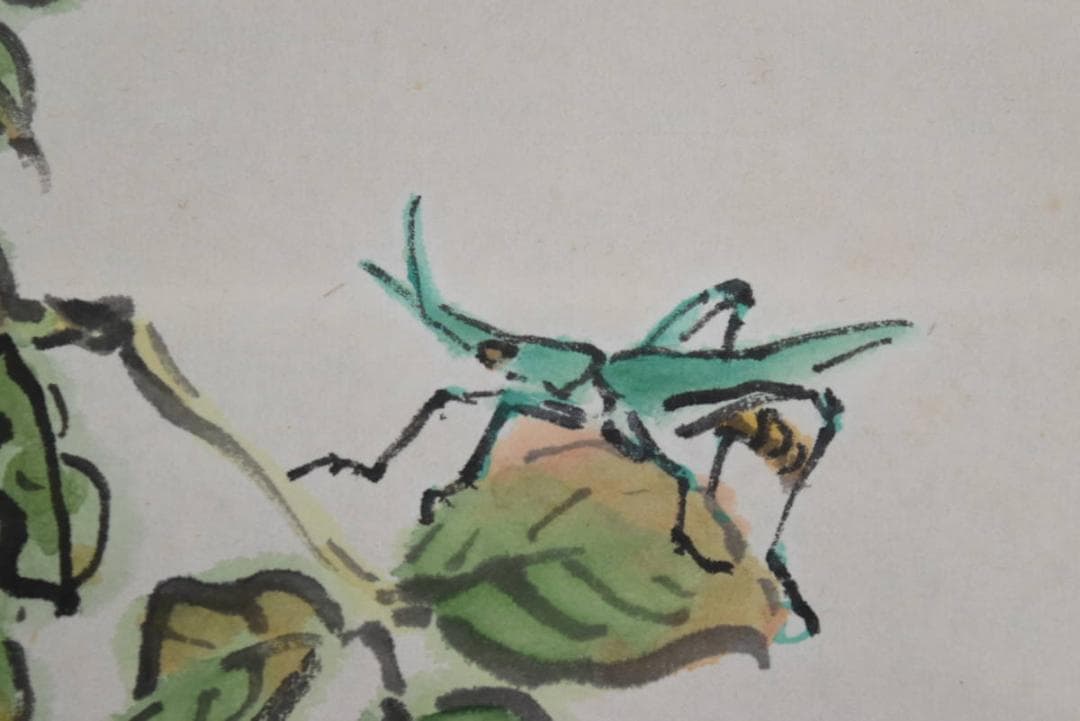 【真作】早川五栗/枝豆にバッタ図/山水図/掛軸☆宝船☆AB-433