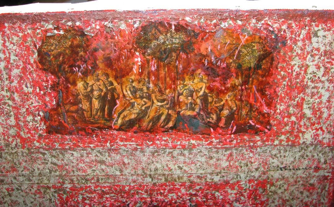 木村二朗,ギリシャ神話のコラージュ付き,8号油彩,洒落た祭壇的作品