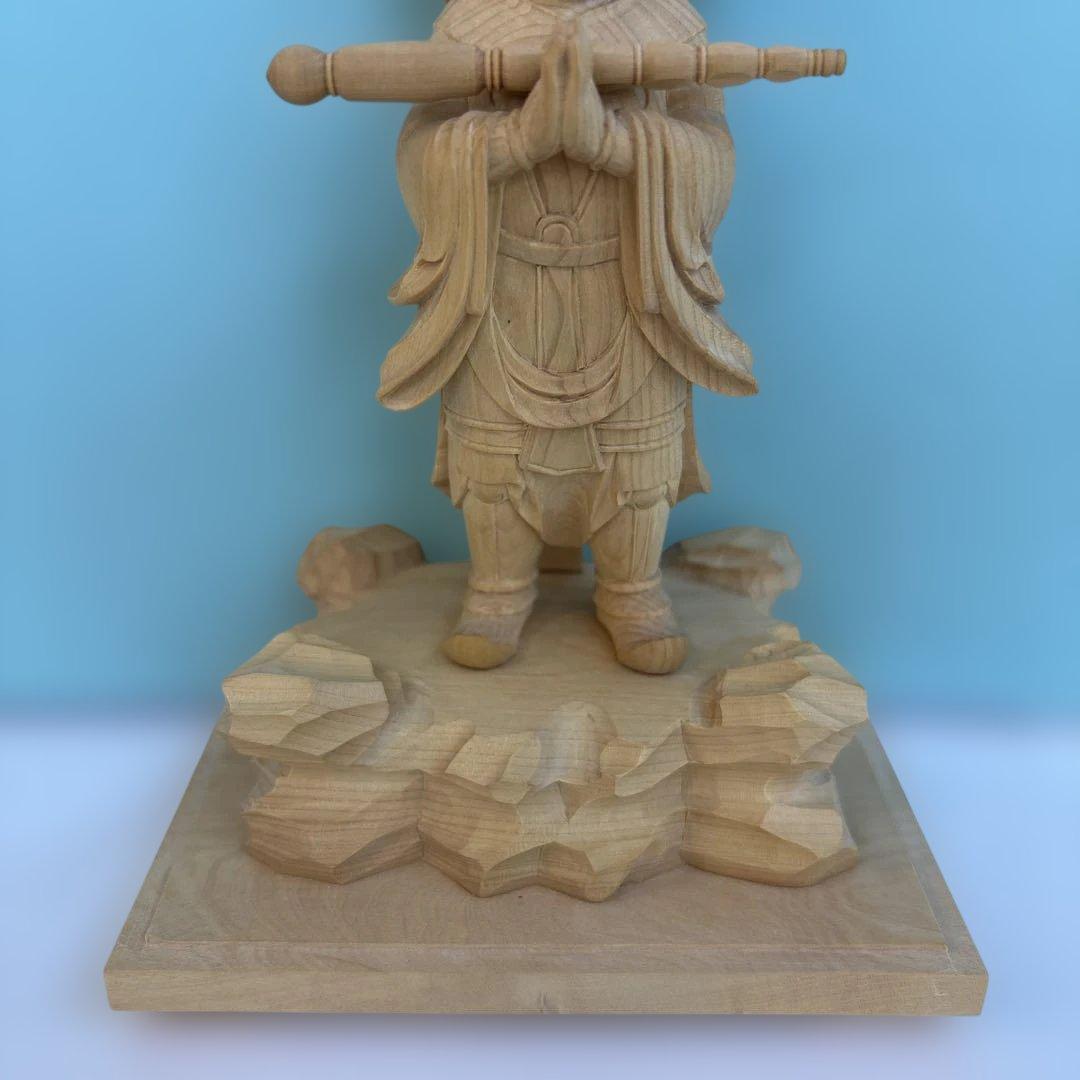 柘植 木彫り 韋駄天像 19cm 仏像 置物 開運 守護 仏教美術 木彫