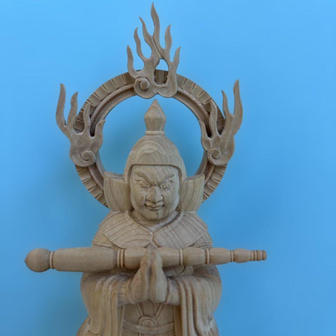 柘植 木彫り 韋駄天像 19cm 仏像 置物 開運 守護 仏教美術 木彫