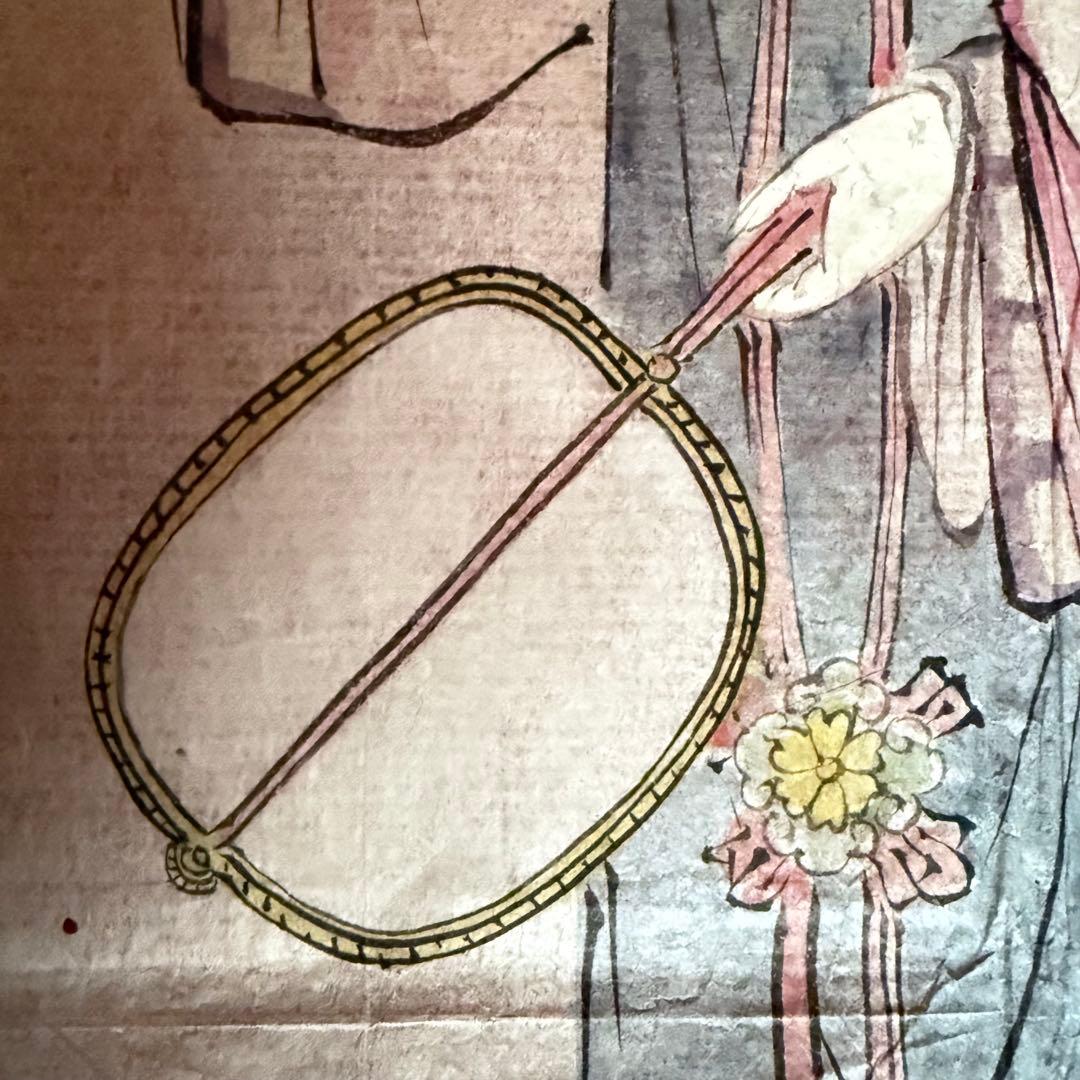 2177様感謝‼️超絶の画力‼️「団扇と二輪草を持つ麗人粉本絵手本紙本肉筆無落款一点