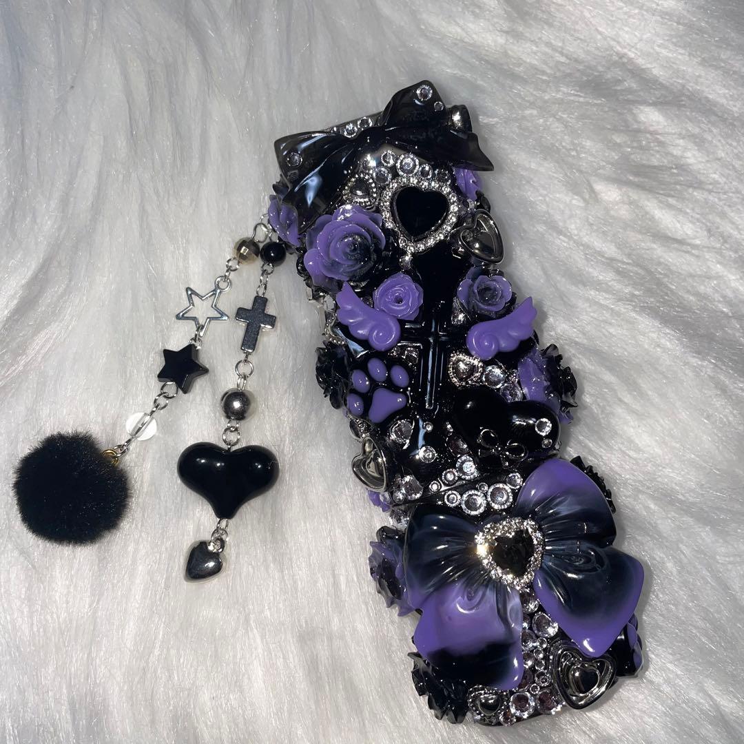 ★ iQOSケース デコ black×purple チャーム付き 【102】