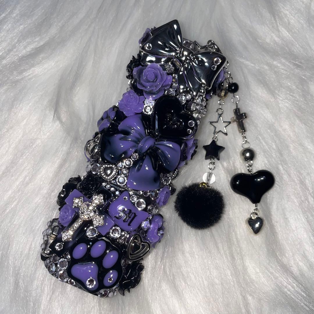 ★ iQOSケース デコ black×purple チャーム付き 【102】