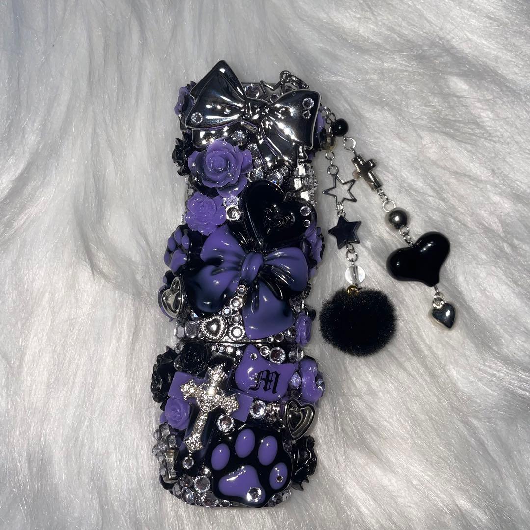 ★ iQOSケース デコ black×purple チャーム付き 【102】