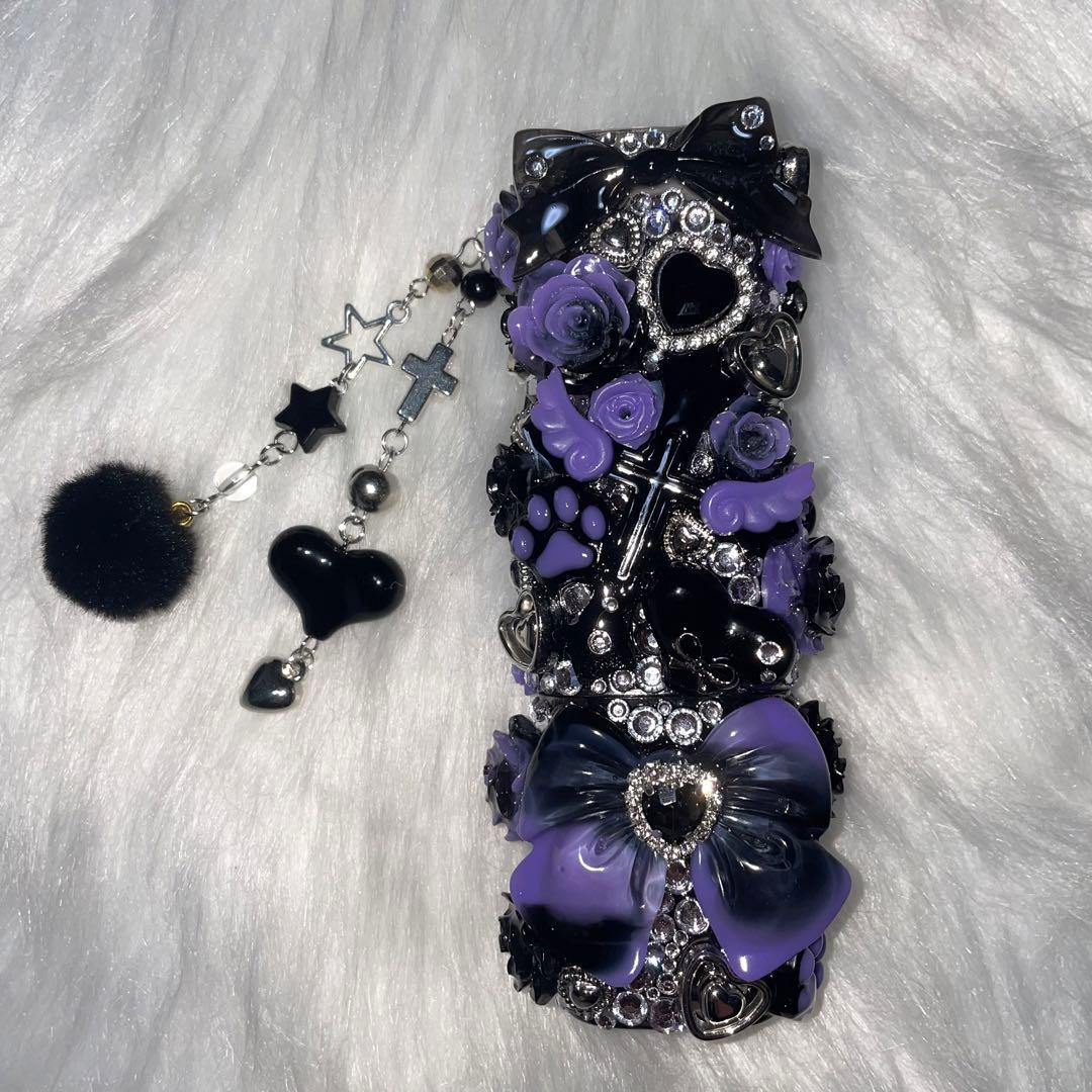 ★ iQOSケース デコ black×purple チャーム付き 【102】