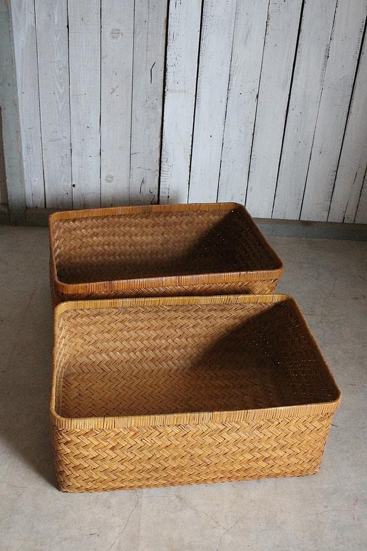 状態の良い古い竹編みの収納かご　行李　竹籠　篭　古道具