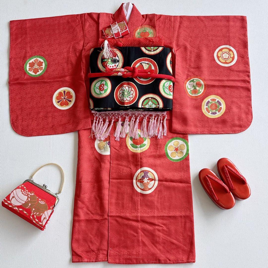 七五三　7歳女の子　フルセット　きもの　赤　小振袖　古典柄　家紋　7289