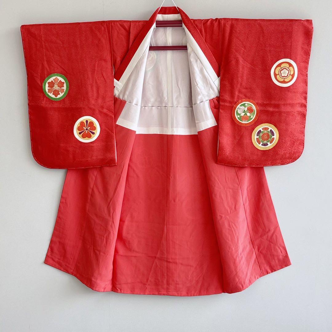 七五三　7歳女の子　フルセット　きもの　赤　小振袖　古典柄　家紋　7289