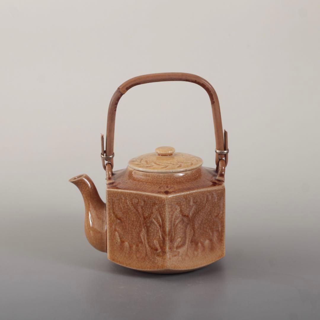 珉平焼 面取 飴釉 六角 急須 古道具 アンティーク 水注