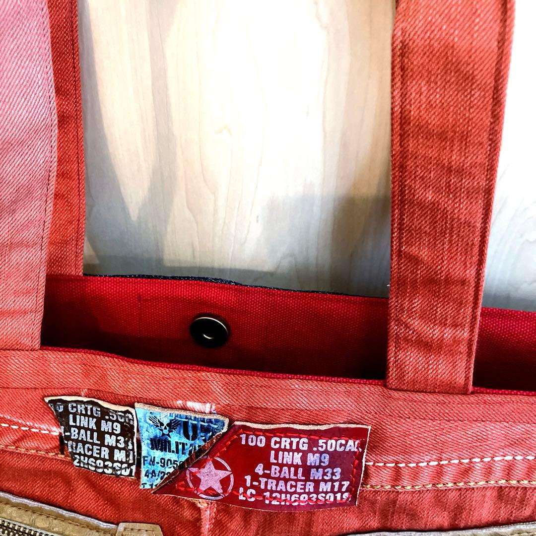 デニムリメイクトートバッグ 赤 スカル刺繍